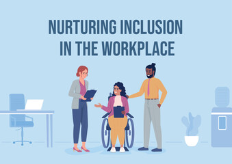 Nurturing inclusion in workplace flat vector banner template. Disability acceptation poster, leaflet printable color designs. Editable flyer page with text space. Ramabhadra Regular font used