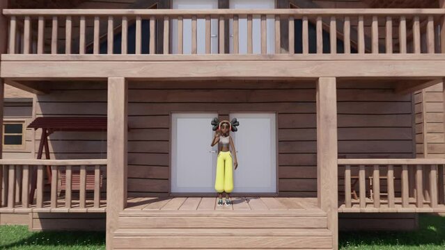 3D animation of a virtual world with a young woman avatar waving in front of a house with a blue sky behind. The concept of the metaverse immersive virtual reality.
