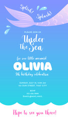 Mermaid birthday party invitation template. Under the sea background decorated with mermaid tails. Can be used for web, social networks and stories. Vector 10 EPS.