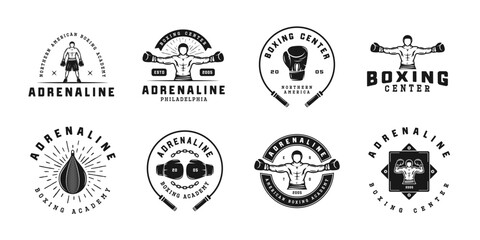 Boxing and martial arts logo badges and labels in vintage style. Motivational posters with inspirational quotes. Vector - obrazy, fototapety, plakaty