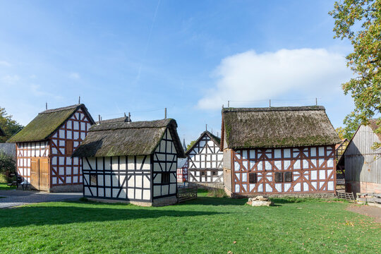  old historic half timbered farm houses at Hessenpark in Neu Anspach. Since 1974, more than 100 endangered buildings have been re-erected at the Hessenpark Open-Air Museum