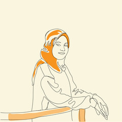 muslim  iraqi girl standing in hijab and similing one line art 