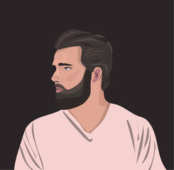 Head of bearded man in profile. Portrait of bearded brunet man. Avatar of businessman with beard for social networks. Abstract male portrait, face side view. Stock vector illustration in flat style.