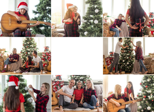 Collage of photos with happy family on winter day Christmas.