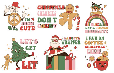 Set of groovy hippie stickers with funny christmas sayings and happy new year. 