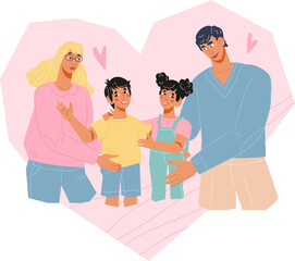 Parents with children in heart shape frame for family day, healthcare and social support concept. Family happiness, love and togetherness.