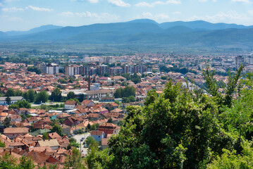 Fototapeta na wymiar Pirot, Serbia -August 27, 2022: Panorama of the town of Pirot in eastern Serbia