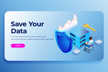  isometric landing page security, database icon with shield and key