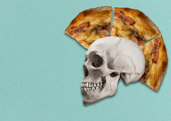 contemporary art collage. Pizza punk skull. fast food concept.