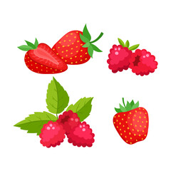 Cartoon bright natural strawberries and raspberries isolated on white.