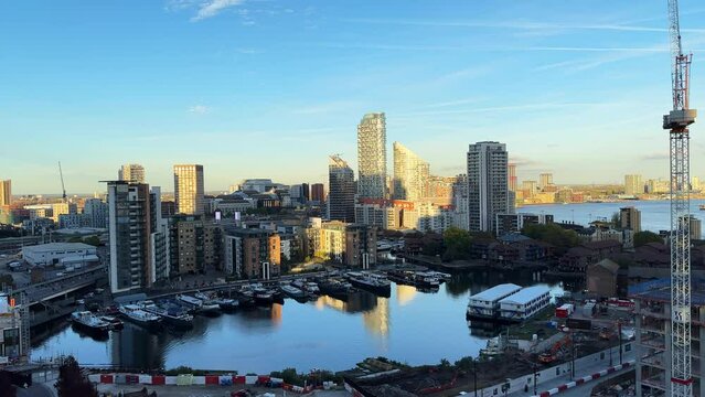 Aerial view Blackwall Basin in the Isle of Dogs in London. Dock on River Thames