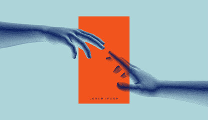 Hands reaching towards each other. Concept of human relation, togetherness or  partnership. 3D vector illustration. Design for banner, flyer, poster, cover or brochure.