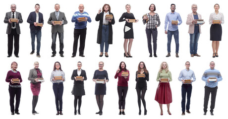 group of people holding books in hands isolated on white