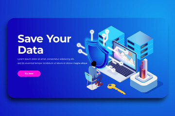 isometric landing page security, database icon with shield and key