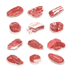 Set of raw beef steaks. Watercolor vector illustration.