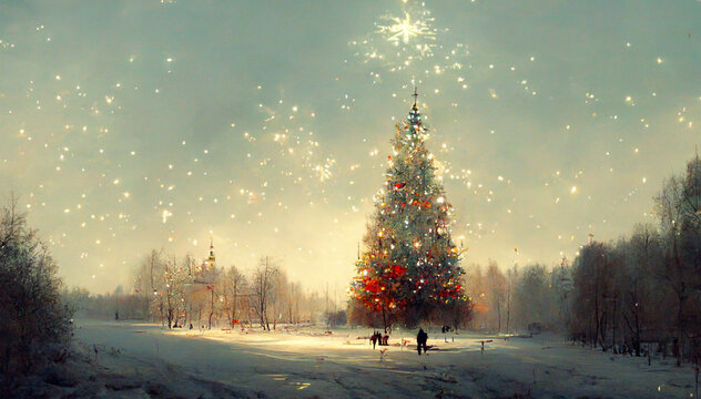 Christmas tree, snowflakes, winter, decorations, Christmas theme digital card illustration