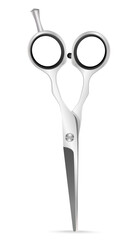 Vector realistic image of professional hairdressing scissors on a white background. The concept of a beauty salon and beauty sphere. A design element for banners.