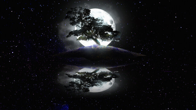 island in the sea river night time trees big moon digital art ,type painting ,3d illustration , high definition ,  wallpaper