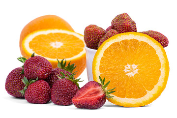 Fototapeta na wymiar Juicy piece of orange and ripe strawberries on a white background close-up