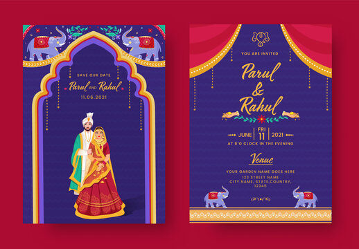 Hindu wedding invitation card template with traditional bride and groom character illustrations and other decorative elements. 