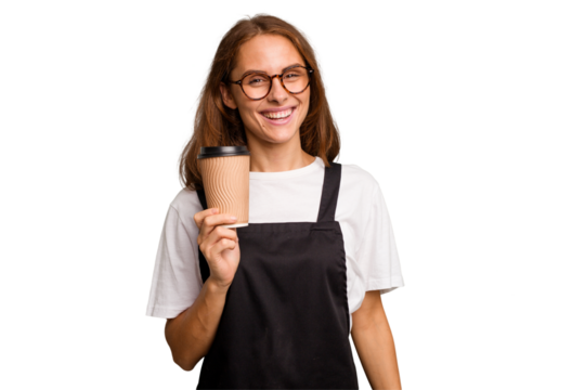Young caucasian woman holding takeaway coffee isolated happy, smiling and cheerful.