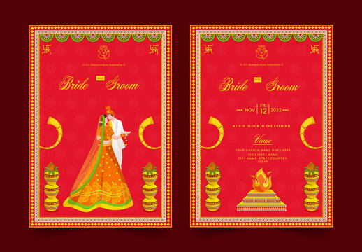 Traditional Indian wedding card or template with bride and groom and other decorative element.