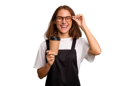 Young caucasian woman holding takeaway coffee isolated excited keeping ok gesture on eye.
