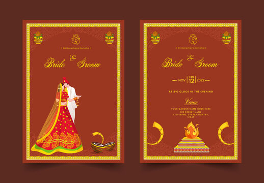 Traditional indian wedding invitation card or template with bride and groom and other decorative  elements on brown background