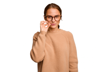 Young caucasian woman isolated with fingers on lips keeping a secret.