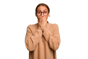 Young caucasian woman isolated shocked, covering mouth with hands, anxious to discover something new.