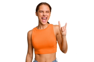 Young caucasian woman isolated showing a horns gesture as a revolution concept.
