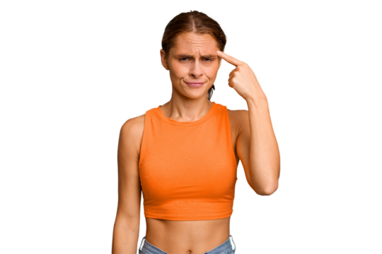 Young caucasian woman isolated pointing temple with finger, thinking, focused on a task.