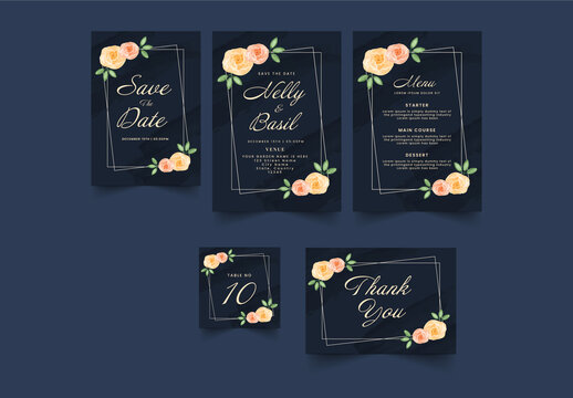 Floral wedding invitation card set and template layout on blue background.