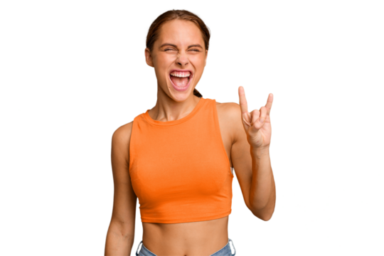 Young caucasian woman isolated showing a horns gesture as a revolution concept.