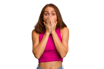 Young caucasian woman isolated shocked, covering mouth with hands, anxious to discover something new.