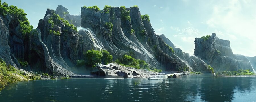 futuristic landscape with cliffs and water illustration art