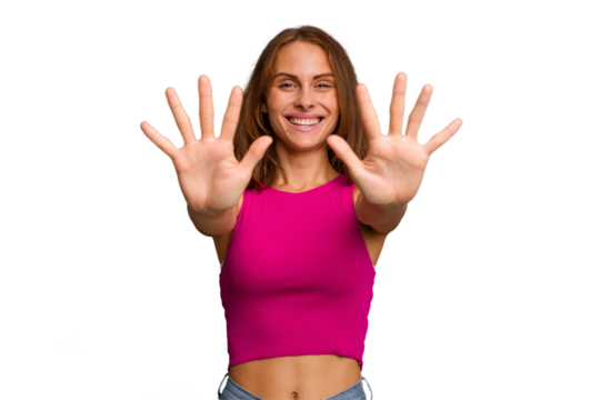 Young caucasian woman isolated showing number ten with hands.