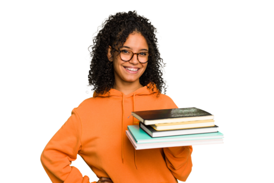 Young student woman holding a pile of books isolated showing a copy space on a palm and holding another hand on waist.