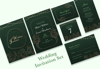 Beautiful green wedding invitation template or stationery set, decorated with copper line-art florals and decorative lights.