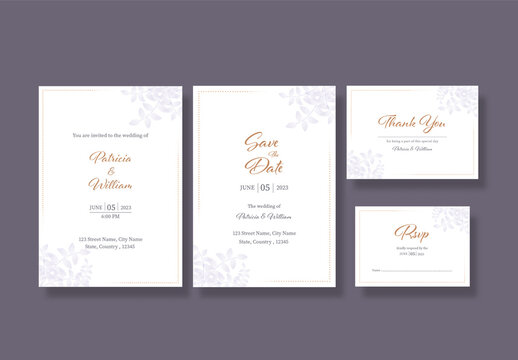 Minimal white, floral wedding invitation template or stationery set.