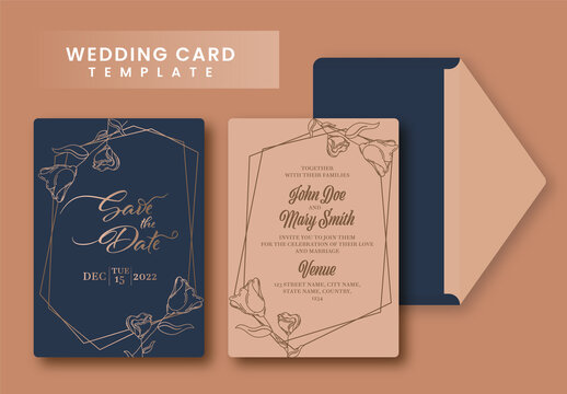 Blue and brown floral wedding invitation template or stationery set.
