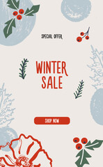 Vector vertical modern hand drawn Christmas sale banner with various abstract seasonal elements.