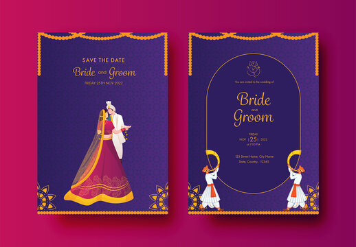 Purple, hindu wedding invitation card template with  bride and groom illustrations and other decorative elements. 