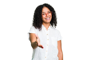Young cute brazilian woman isolated stretching hand at camera in greeting gesture.