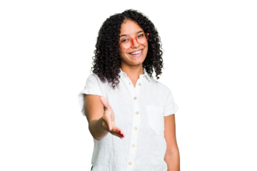 Young cute brazilian woman isolated stretching hand at camera in greeting gesture.