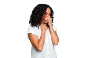 Young cute brazilian woman isolated suffers pain in throat due a virus or infection.