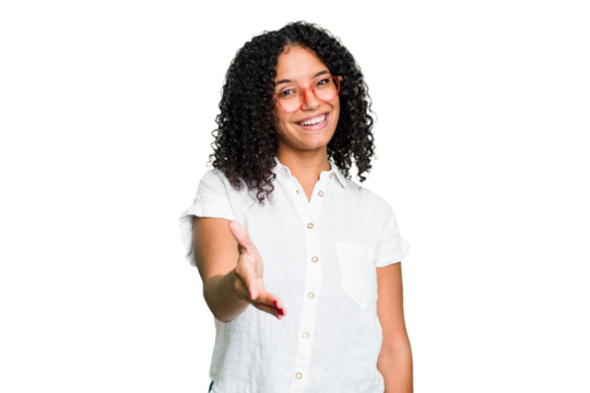 Young cute brazilian woman isolated stretching hand at camera in greeting gesture.