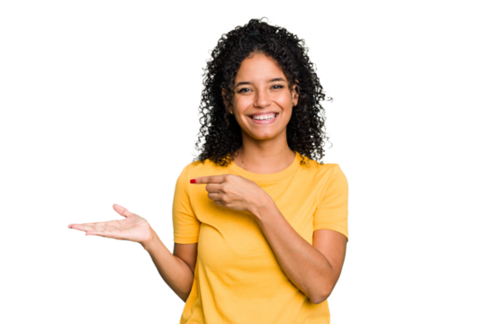 Young cute brazilian woman isolated excited holding a copy space on palm.