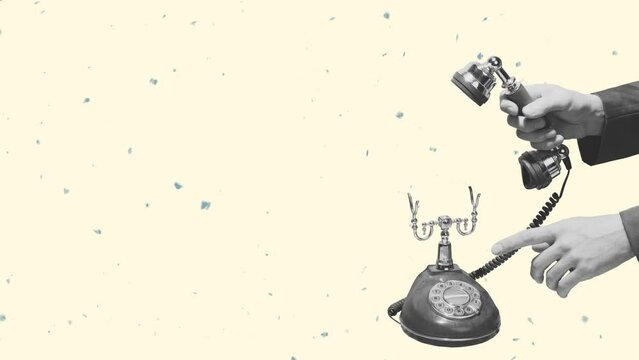 Contemporary art collage. Human hand holding retro vintage phone isolated over light background. Communication. Talks, fakes, gossip. 2D stop motion animation