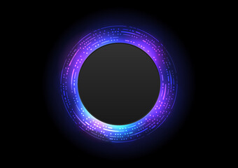 Light circle with dots light effect on black background and circle frame with empty space. Vector design.